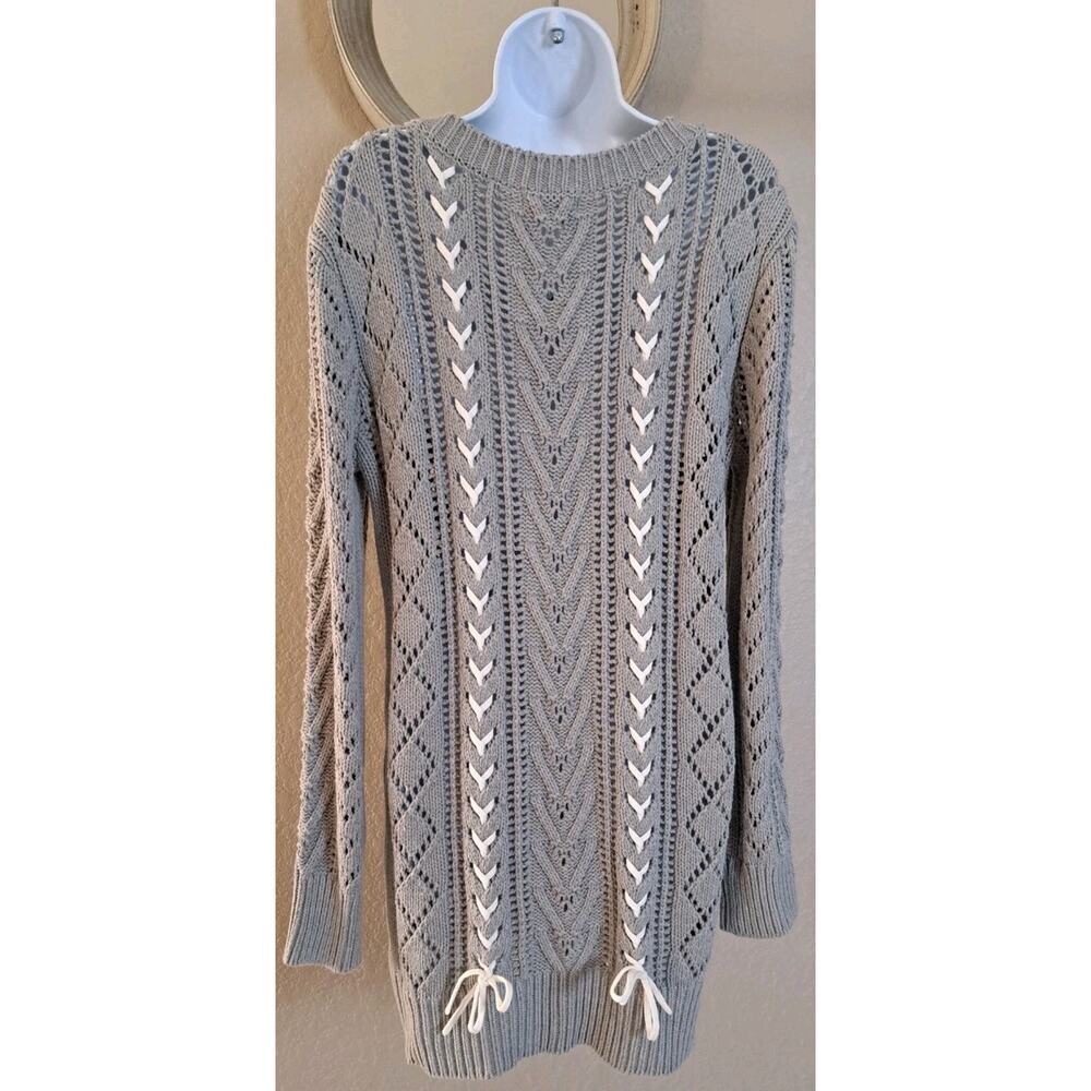 Lovers + Friends Lace Up Cable Knit Sweater Dress Gray Mini Sz M Winter Boots - Picture 7 of 10